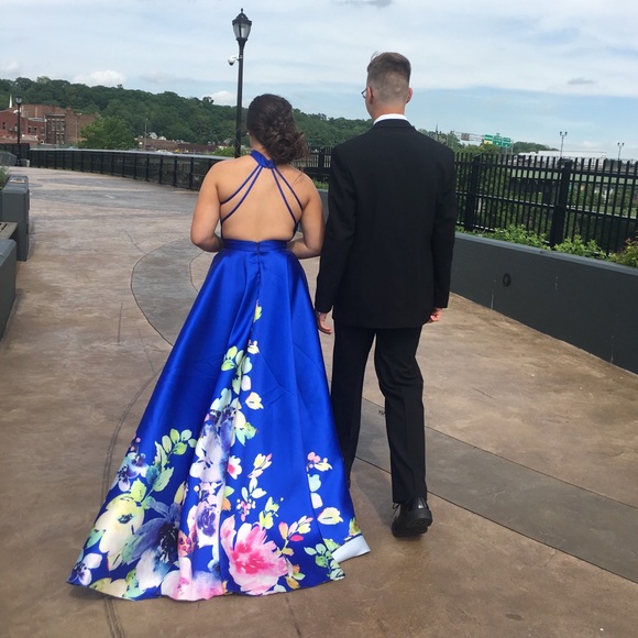 Alyce 1309 Cobalt Floral Print Prom Dress - Picture 4 of 4